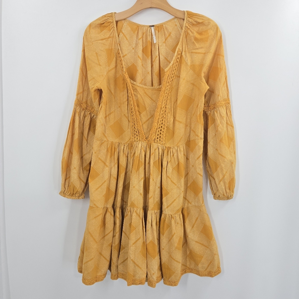 Free People Constantine Dress Gold Plaid Boho Long Sleeve‎ - Picture 2 of 14